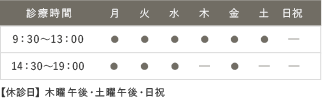 診療時間：9:30-13:00 14:30-19:00 【休診日】木曜午後・土曜午後・日祝