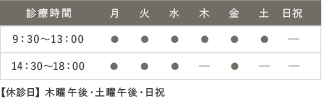 診療時間：9:30-13:00 14:30-18:00 【休診日】木曜午後・土曜午後・日祝